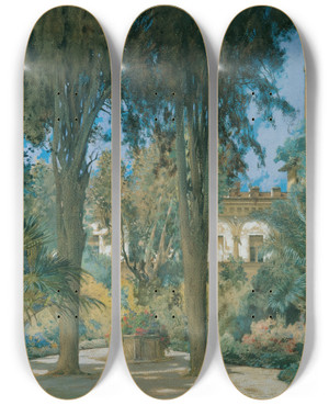 Triptych art skateboard deck of Othmar Brioschi Vedute Der Botschaft In Rom Gartenpartie Mit Zwei Zypressen by Othmar Brioschi (1854-1912)