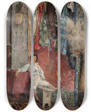Triptych art skateboard deck of Jos Moreno Carbonero Asleep In The Studio by Jose Moreno Carbonero (1860-1942)