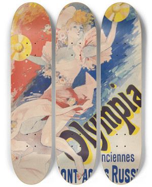 Triptych art skateboard deck of Jules Chret Olympia Anciennes Montagnes Russes by Jules Cheret (1836-1932)