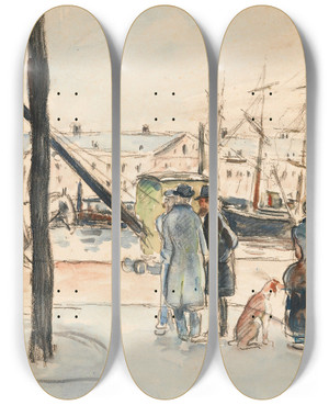 Triptych art skateboard deck of Camille Pissarro Les Quais Rouen by Camille Pissarro (1830-1903)