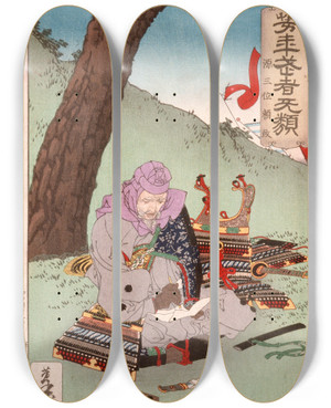 Triptych art skateboard deck of Tsukioka Yoshitoshi Minamoto Yorimasa Preparing To Commit Suicide by Tsukioka Yoshitoshi (1839-1892)