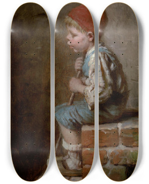 Triptych art skateboard deck of Hermann Von Kaulbach Sitzender Bub Pfeifend by Hermann Von Kaulbach