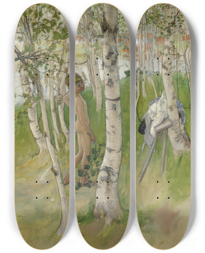 Triptych art skateboard deck of Carl Larsson Ulf Nude Boy Among Birches by Carl Larsson (1853-1919)
