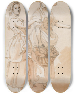Triptych art skateboard deck of Paul Sandby Two Girls Carrying A Basket by Paul Sandby (1731-1809)
