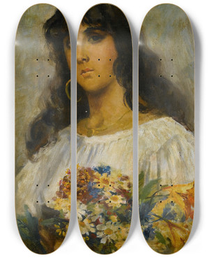Triptych art skateboard deck of Manner Of Vladimir Makovsky Woman With Flowers by Manner Of Vladimir Makovsky (1846-1920)