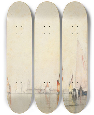 Triptych art skateboard deck of William Gedney Bunce Boats On The Lagoonvenice by William Gedney Bunce (1840-1916)