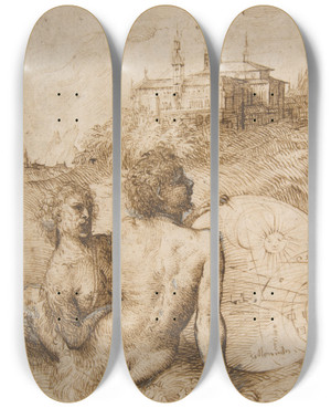 Triptych art skateboard deck of Titian Two Satyrs In A Landscape by Titian (1488-1576) Triptych art skateboard deck of Titian Two Satyrs In A Landscape by Titian (1488-1576)