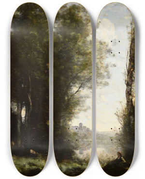 Triptych art skateboard deck of Jeanbaptistecamille Corot Les Deux Soeurs Sous Les Arbres Au Bord Du Lac by Jean-Baptiste-Camille Corot (1796-1875)