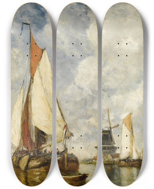 Triptych art skateboard deck of Paul Jean Clays Moored Ships At Harbour by Paul Jean Clays (1817-1900)