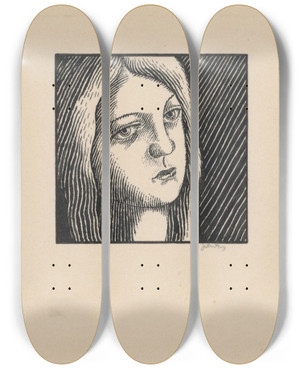 Triptych art skateboard deck of Mikul Galanda Hlava Zamyslenej Eny S Dlhmi Vlasmi by Mikulas Galanda (1895-1938)