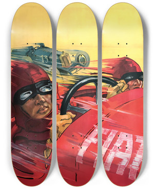 Triptych art skateboard deck of Plinio Codognato Fiat by Plinio Codognato (1878-1940)