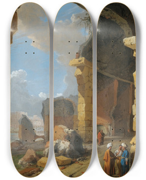 Triptych art skateboard deck of Bartholomeus Breenbergh Roman Ruins With Turbaned Figures by Bartholomeus Breenbergh (1598-1657)