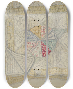 Triptych art skateboard deck of Maud M Holme Pieced Quilt Star Pattern by Maud M Holme