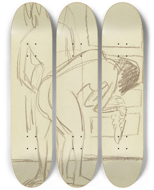 Triptych art skateboard deck of Ernst Ludwig Kirchner Zwei Frauen Sich Abtrocknend by Ernst Ludwig Kirchner (1880-1938)