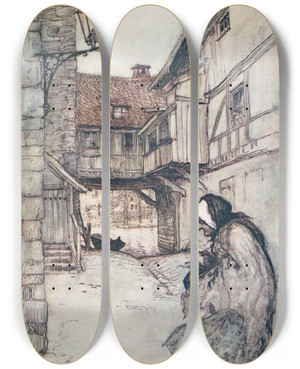 Triptych art skateboard deck of Arthur Rackham Once There Was A Poor Old Woman Who Lived In A Village by Arthur Rackham (1867-1939)