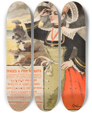 Triptych art skateboard deck of Julesalexandre Grn Chemins De Fer De Louest by Jules-Alexandre Grn (1868-1934)