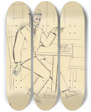 Triptych art skateboard deck of Karl Wiener Ohne Titel Rauchender Mann by Karl Wiener (1901-1949)