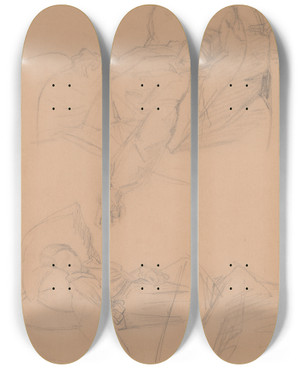 Triptych art skateboard deck of Jzef Simmler Two Sketches Of Barbara Lying In Bed For The Painting Death Of Barbara Radziwi by Jozef Simmler (1823-1868)