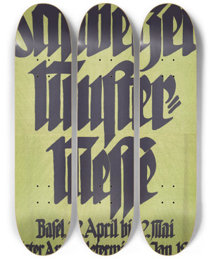 Triptych art skateboard deck of Robert Stcklin Schweizer Mustermesse Basel 22 April Bis 2 Mai Letzter Anmeldetermin 31 Jan 1922 by Robert Stocklin (1889-1931)