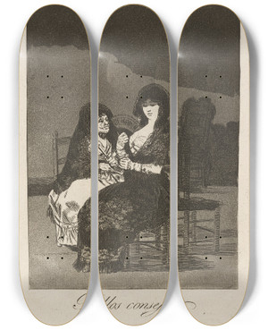 Triptych art skateboard deck of Francisco De Goya Bellos Consejos Pretty Teachings by Francisco de Goya (1746-1828)