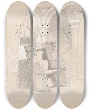 Triptych art skateboard deck of John Sell Cotman Sketch Of Ruined Church Interior With Chair by John Sell Cotman (1782-1842)
