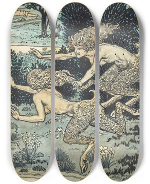 Triptych art skateboard deck of Eugne Grasset Les Petites Faunesses by Eugene Grasset (1841-1917)