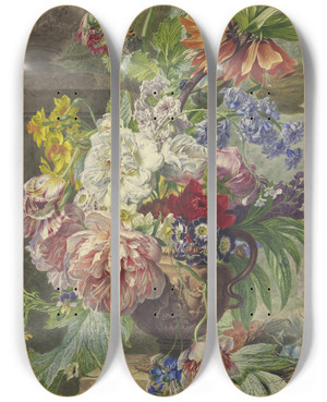Triptych art skateboard deck of Wybrand Hendriks Still Life With Bouquet Of Flowers And Birds Nest_1 by Wybrand Hendriks (1744-1831)
