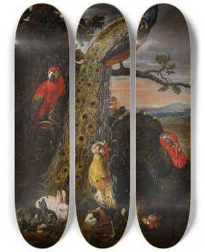 Triptych art skateboard deck of David De Coninck Landscape With A Peacock Parrot Chicken Turkey Two Rabbits And A Guineapig by David De Coninck (1644-1701)