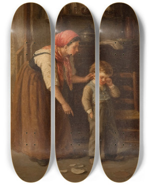 Triptych art skateboard deck of Paul Seignac The Broken Dish by Paul Seignac (1826-1904)