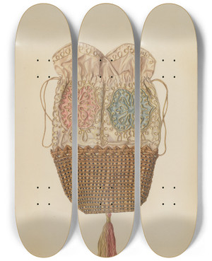 Triptych art skateboard deck of Dolores Haupt Silkstraw Reticule by Dolores Haupt