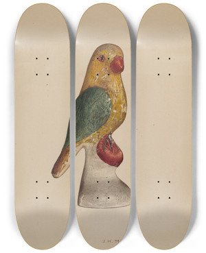 Triptych art skateboard deck of J Herman Mccollum Chalkware Bird by J Herman Mccollum