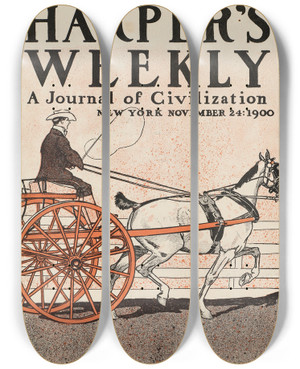 Triptych art skateboard deck of Edward Penfield Harpers Weekly A Journal Of Civilization by Edward Penfield (1866-1925)