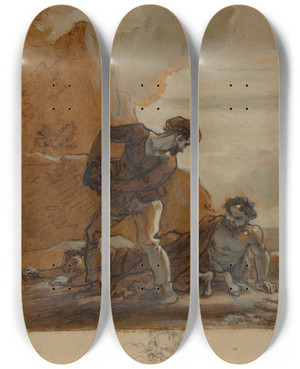Triptych art skateboard deck of Robert Smirke Stephano And Trinculo With Caliban by Robert Smirke (1752-1845)