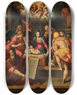 Triptych art skateboard deck of Jacob De Backer The Adoration Of The Shepherds_1 by Jacob De Backer (1555-1585)