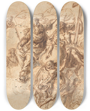 Triptych art skateboard deck of Bartholomaeus Ignaz Weiss The Trinity Surrounded By Angels by Bartholomaeus Ignaz Weiss (1730-1814)