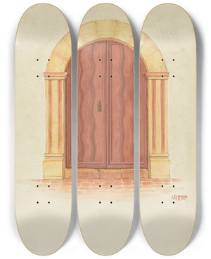 Triptych art skateboard deck of Warren W Lemmon Mission Doors by Warren W Lemmon