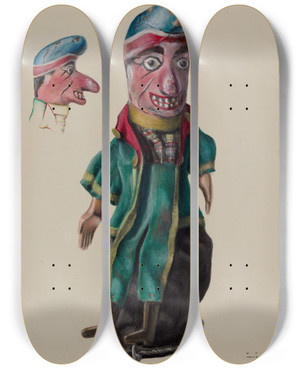 Triptych art skateboard deck of William Kerby Hand Puppet Punch by William Kerby