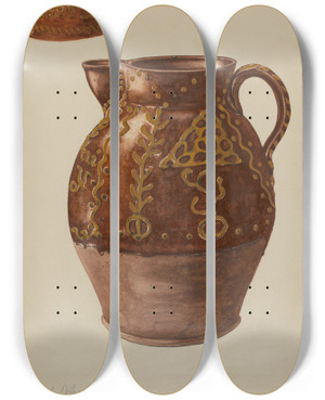 Triptych art skateboard deck of Yolande Delasser Pa German Pitcher by Yolande Delasser (1935)