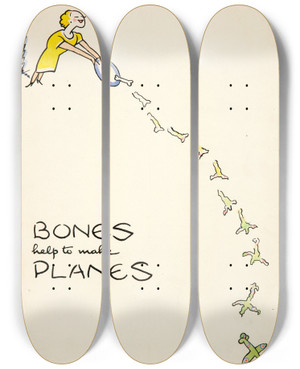 Triptych art skateboard deck of Cyril Kenneth Bird Fougasse Bones Help To Make Planes by Cyril Kenneth Bird (Fougasse) (1887-1965) Triptych art skateboard deck of Cyril Kenneth Bird Fougasse Bones Help To Make Planes by Cyril Kenneth Bird (Fougasse) (1887-1965)