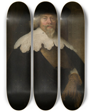 Triptych art skateboard deck of Govaert Flinck Portrait Of A Gentleman by Govert Flinck