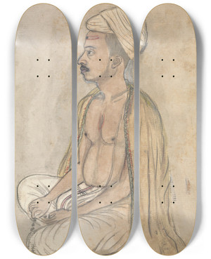 Triptych art skateboard deck of Gangaram Chintaman Tambat Man With A Yellow Shawl Sitting Crosslegged by Gangaram Chintaman Tambat