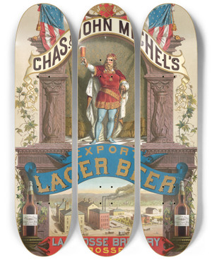 Triptych art skateboard deck of Wittemann Bros Chas John Michels Export Lager Beer La Crosse Brewery La Crosse Wis by Wittemann Bros (1876)
