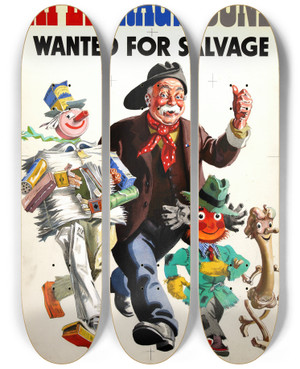 Triptych art skateboard deck of John Gilroy Still More Paper Rags Bones Wanted For Salvage by John Gilroy (1898-1985)