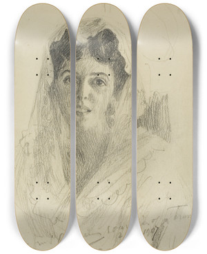 Triptych art skateboard deck of Anders Zorn Head Of A Woman En Face by Anders Zorn (1860-1920)