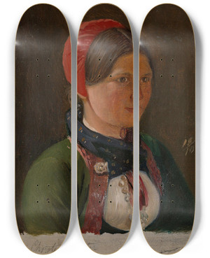 Triptych art skateboard deck of Adolph Tidemand Girl From Hallingdal by Adolph Tidemand (1814-1876)