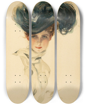 Triptych art skateboard deck of Harrison Fisher Fisher Girl by Harrison Fisher (1877-1934)