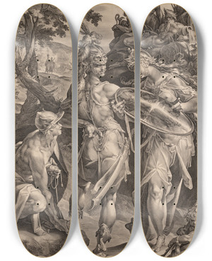 Triptych art skateboard deck of Bartholomaeus Spranger Perseus Armed To Free Andromeda by Bartholomaeus Spranger (1546-1611)