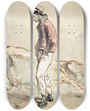Triptych art skateboard deck of Paul Gavarni A Sailor Standing On The Shore by Paul Gavarni (1804-1866)
