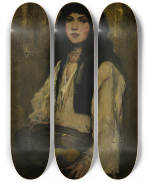 Triptych art skateboard deck of Frank Duveneck The Venetian Girl by Frank Duveneck (1848-1919)