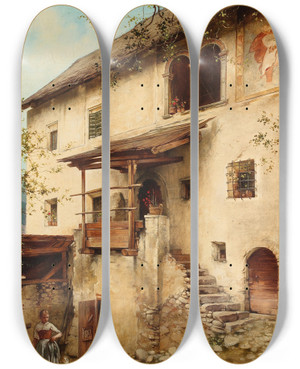 Triptych art skateboard deck of Daniel Hock Bauernhof Motiv Aus Sdtirol Bei Klausen by Daniel Hock (1858-1934)